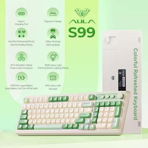 AULA S99 Teclado para Juegos, Teclados Inalámbricos para Computadora, Bluetooth Trimodo/2.4GHz/USB-C Teclado Cremoso Personalizado con Teclado Numérico, Perilla Multimedia Retroiluminada RGB Lindo Teclado Programable para PC Gamer - Verde - imagen 3