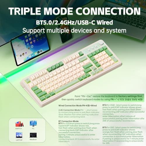 AULA S99 Teclado para Juegos, Teclados Inalámbricos para Computadora, Bluetooth Trimodo/2.4GHz/USB-C Teclado Cremoso Personalizado con Teclado Numérico, Perilla Multimedia Retroiluminada RGB Lindo Teclado Programable para PC Gamer - Verde - imagen 4