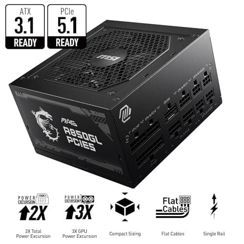 MSI MAG A850GL PCIE5, fuente de alimentación compacta para juegos totalmente modular de 850 W, 80+ Gold, ATX 3.1 y PCIe 5.1, cable nativo de dos colores de 12 V-2x6, 10 años de garantía - imagen 3
