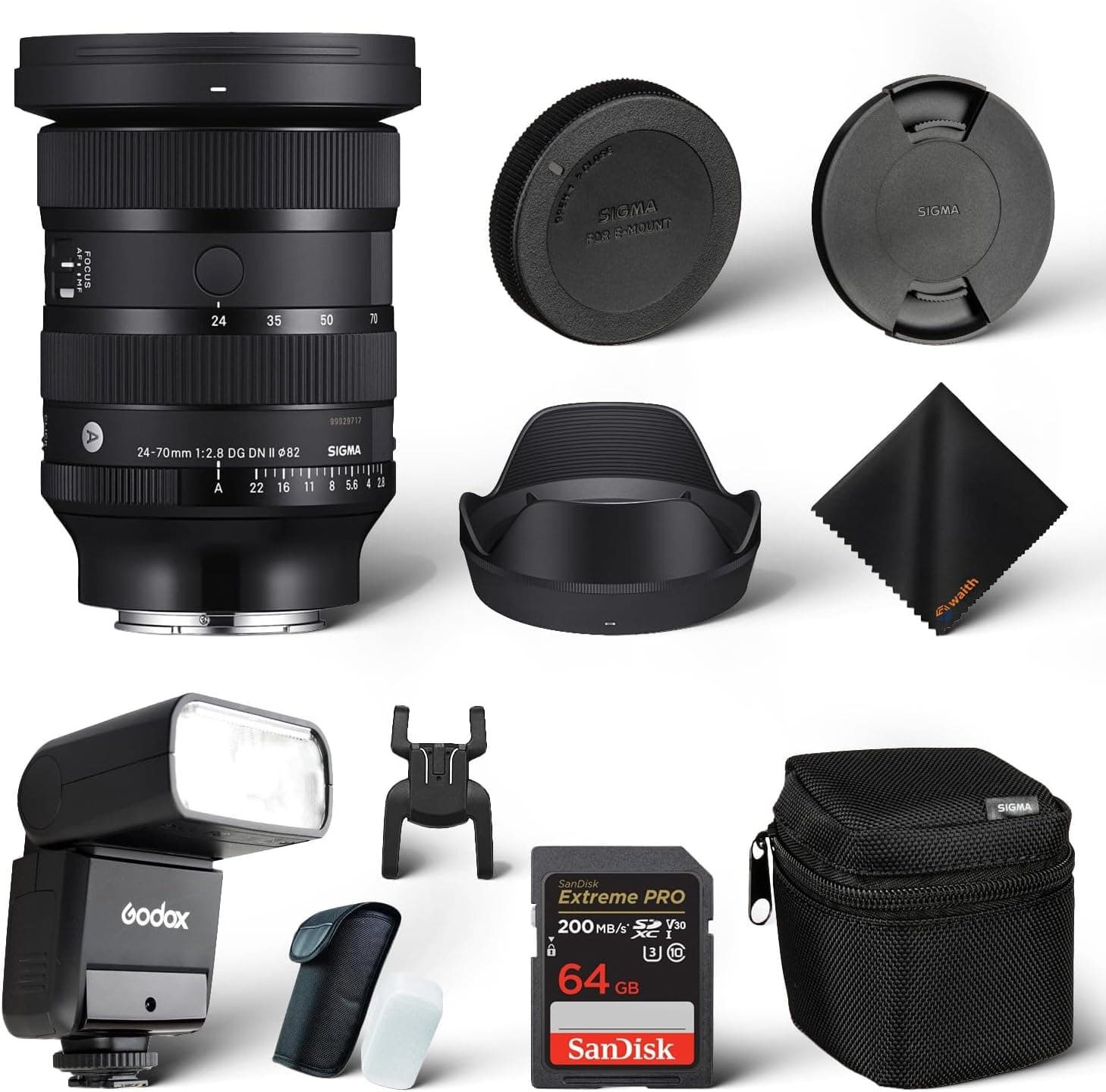 Sigma 24-70 mm f2.8 DG DN II Art Lens Sony E, formato de fotograma completo, seis elementos SLD, 11 hojas redondeadas, Godox Flash TT350S Mini, tarjeta de memoria Extreme PRO de 64 GB y paño de limpieza Waith (juego de paquetes) - imagen 1