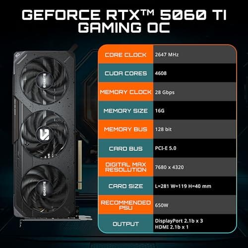 Tarjeta gráfica GIGABYTE GeForce RTX 5060 Ti Gaming OC 16G, de NVIDIA, 16 GB GDDR7 de 128 bits, PCIe 5.0, sistema de refrigeración WINDFORCE, DisplayPort y HDMI - Interfaz de salida de vídeo, tarjeta de vídeo GV-N506TGAMING OC-16GD - imagen 3