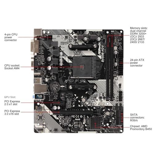 B450M-HDV R4.0 AMD B450 AM4 Socket Ryzen 2000 - 5000 Procesadores DDR4 3200 64GB HDMI DVI-D D-Sub Placa base SATA 6Gb/s Micro ATX M.2 - imagen 4