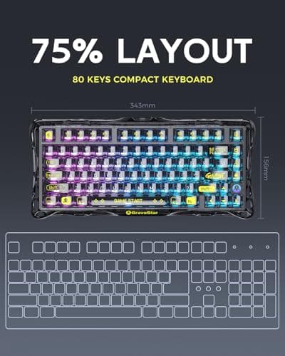 GravaStar Mercury K1 Lite 75% teclado para juegos, teclado inalámbrico trimodo de 2,4 GHz/BT/con cable, teclado mecánico intercambiable en caliente con junta, interruptores lineales prelubricados, retroiluminación RGB (negro transparente) - imagen 3