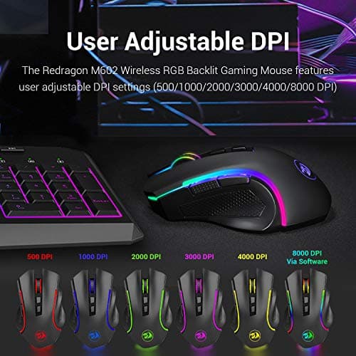Redragon M602 Griffin RGB Gaming Mouse, Ratón ergonómico retroiluminado de espectro RGB con 7 modos de retroiluminación programables de hasta 8000 DPI para jugadores de PC con Windows (negro, inalámbrico) - imagen 5