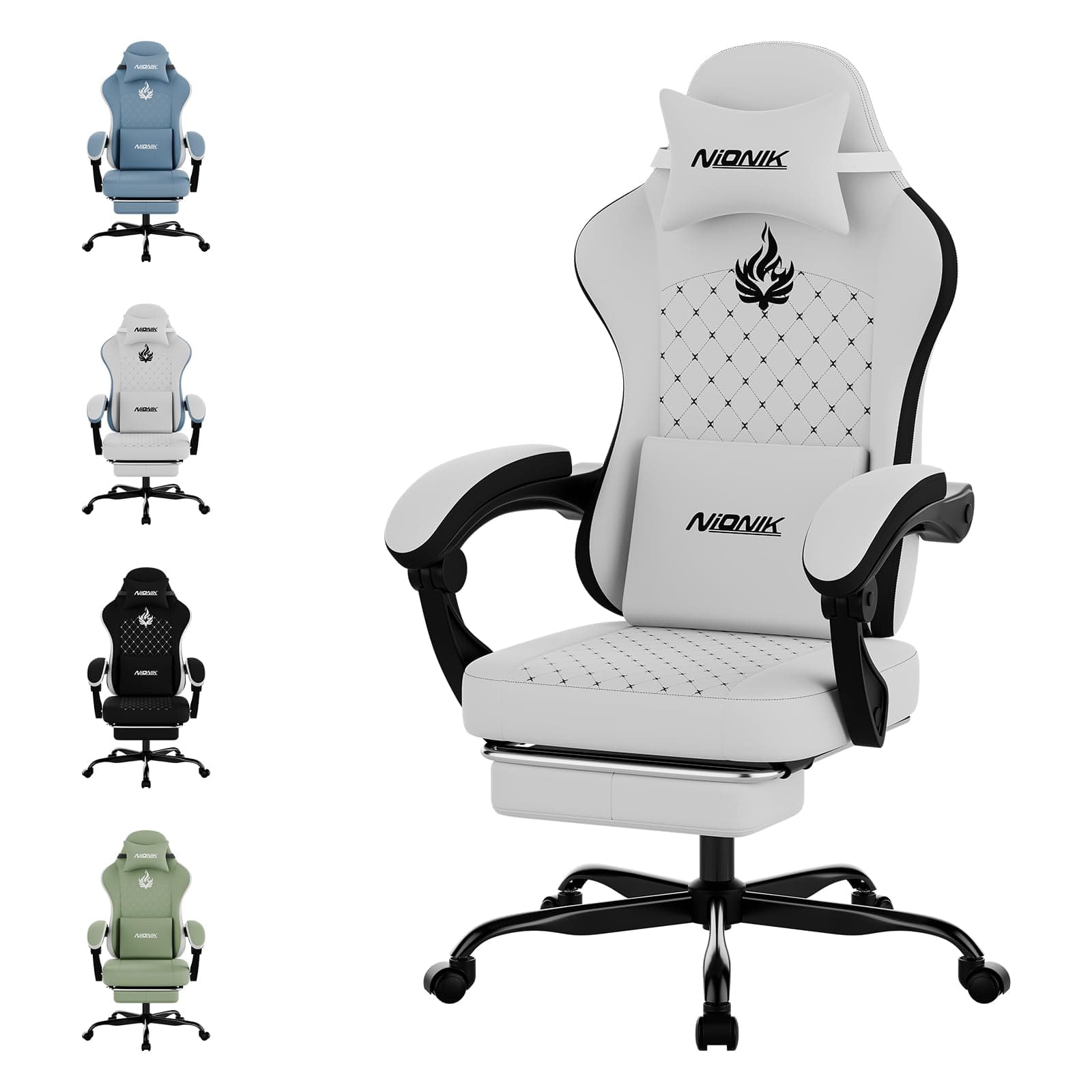 Silla para juegos con masaje, silla ergonómica para juegos de PC Sillas para computadora con reposapiés Cómodo reposacabezas y soporte lumbar, respaldo alto BLANCO NEGRO - imagen 1