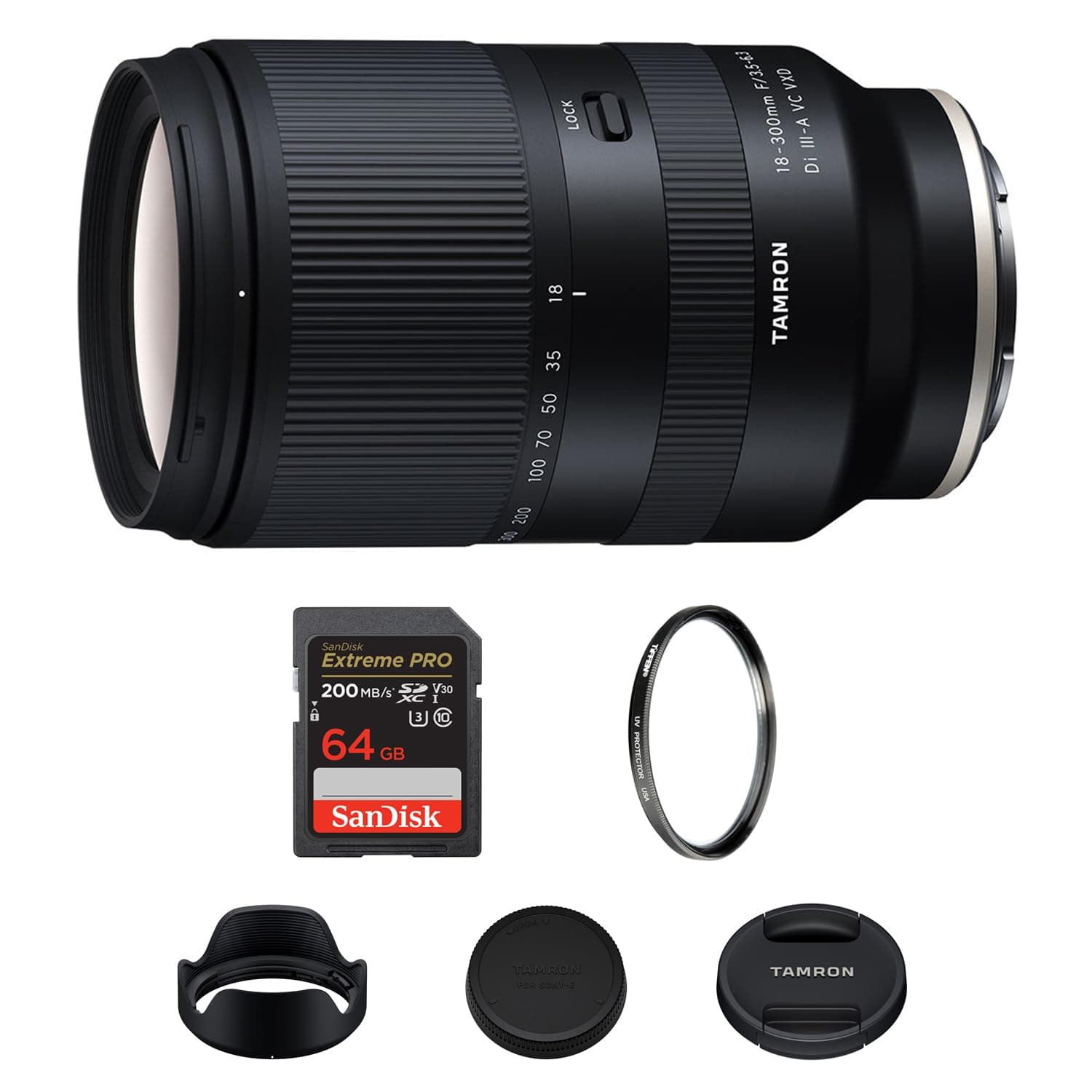 Lente Tamron 18-300 mm f/3.5-6.3 Di III-A VC VXD para paquete de tarjeta Sony E de 64 GB | El paquete incluye una tarjeta Extreme PRO SDXC de 64 GB (lectura de 200 MB/s) y un filtro UV Tiffen de 67 mm. Cuenta con zoom de 16,6x con estabilización VC - imagen 1