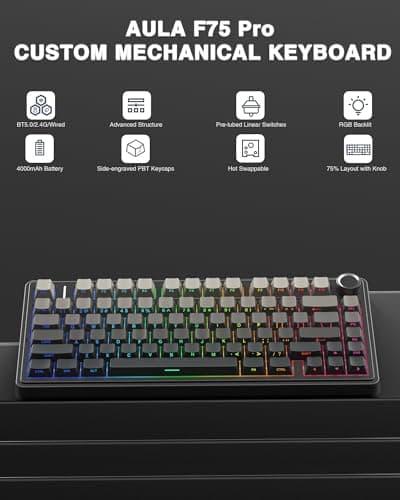 Teclado mecánico inalámbrico AULA F75 Pro, teclado personalizado intercambiable en caliente 75% con perilla, retroiluminación RGB, interruptores Reaper prelubricados, teclas PBT impresas laterales, teclados mecánicos para juegos de 2,4 GHz/USB-C/BT5.0 - imagen 3