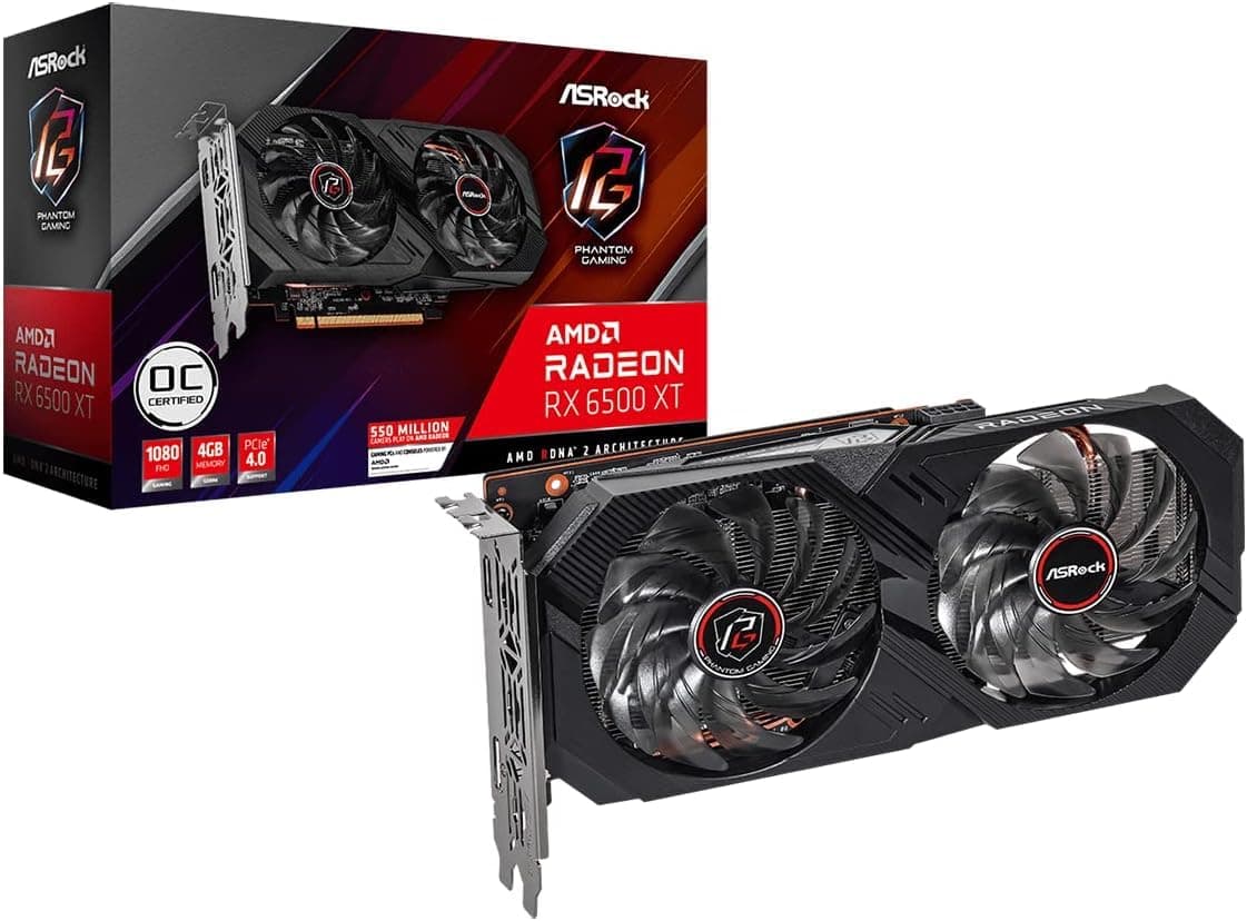 ASRock AMD Radeon RX 6500 XT Phantom Gaming, 4GB OC GDDR6, refrigeración silenciosa de 0dB, PCI Express 4.0, 18 Gbps 64 bits, tarjeta gráfica 7680 x 4320, doble ventilador HDMI DisplayPort (renovado) - imagen 1