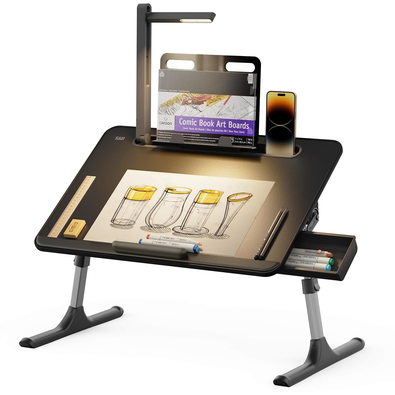 Mesa para computadora portátil con luz de escritorio LED, soporte para computadora portátil SAIJI para cama, escritorio de cama con ajustes de altura con soporte para libros para leer, escribir y dibujar (negro) - imagen 1