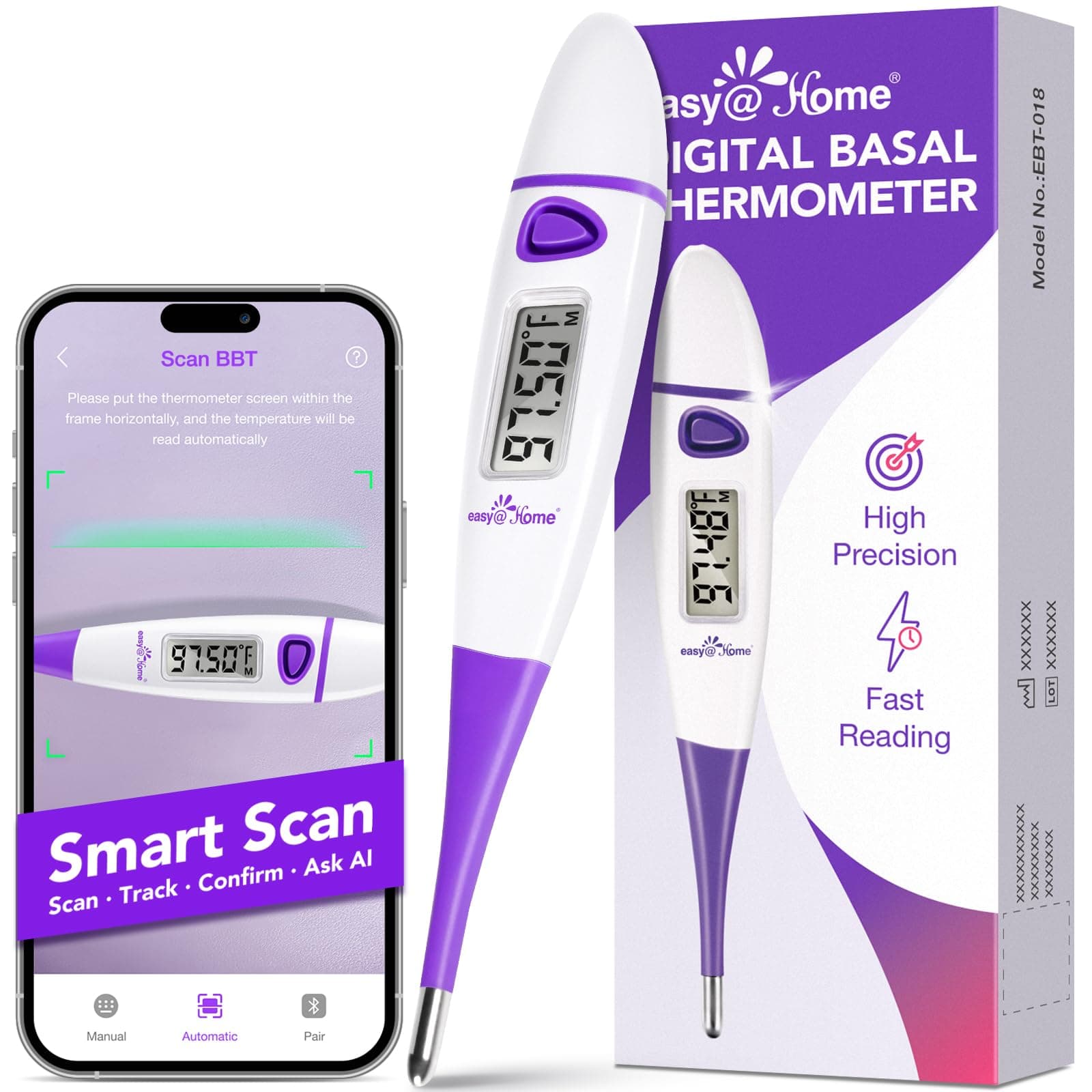 Termómetro corporal basal Easy@Home: BBT para predicción de fertilidad con recuperación de memoria - Termómetro basal digital preciso para monitoreo de temperatura con aplicación Premom - EBT-018 - imagen 1